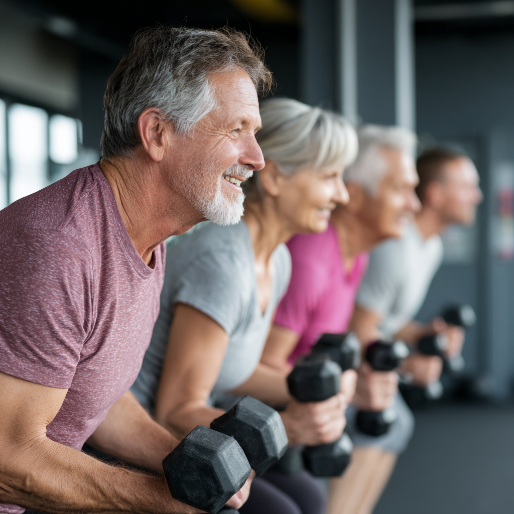 Група активни мъжe и жени на възраст 55-60 години правят силови упражнения с дъмбели в модерна фитнес зала