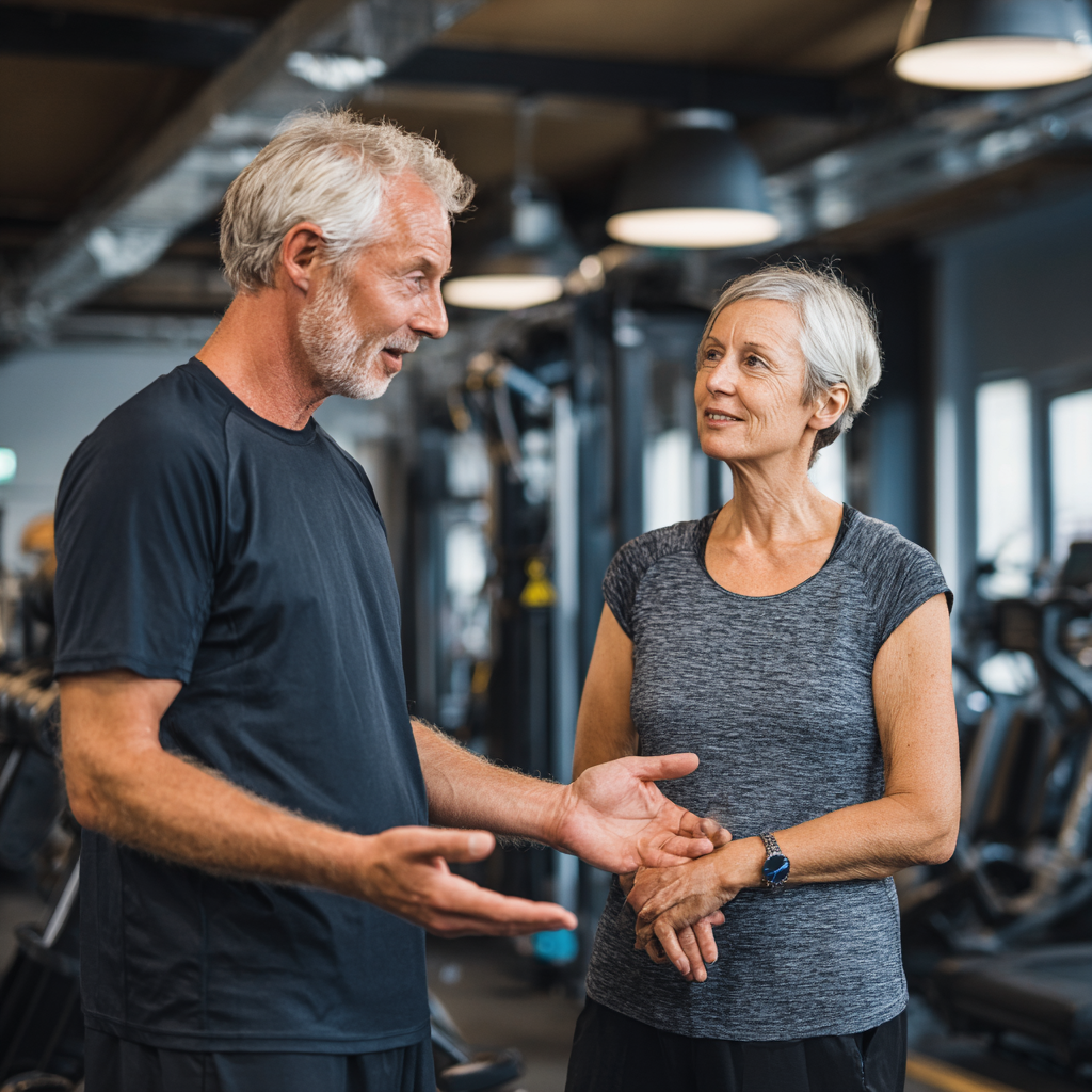 Професионален треньор на възраст около 55 години обяснява упражнение на клиент от същата възрастова група в съвременна фитнес зала