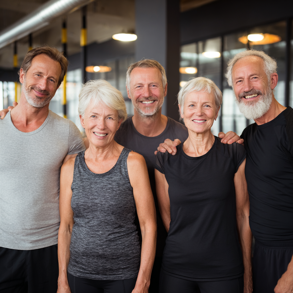 Група от пет усмихнати възрастни хора между 50 и 65 години в спортни дрехи позират заедно след тренировка в съвременна фитнес зала
