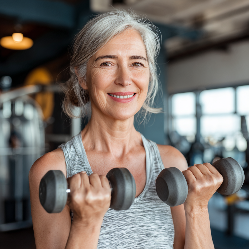Усмихната жена на 58 години във фитнес екипировка прави упражнения с гантели в светла и модерна тренировъчна зала